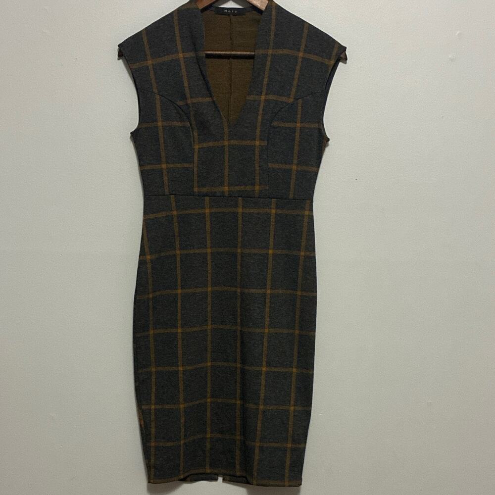 Maru Grey Plaid Cap Sleeve Sheath Dress Size S Mustard Yellow Check Made in USA